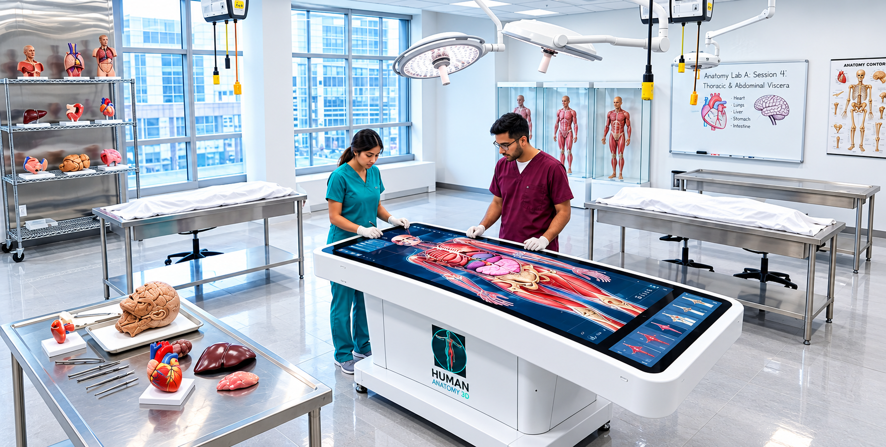Instructor using the anatomy table with labelled structures