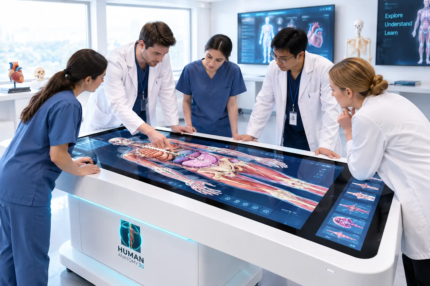 Students gathered around the anatomy table