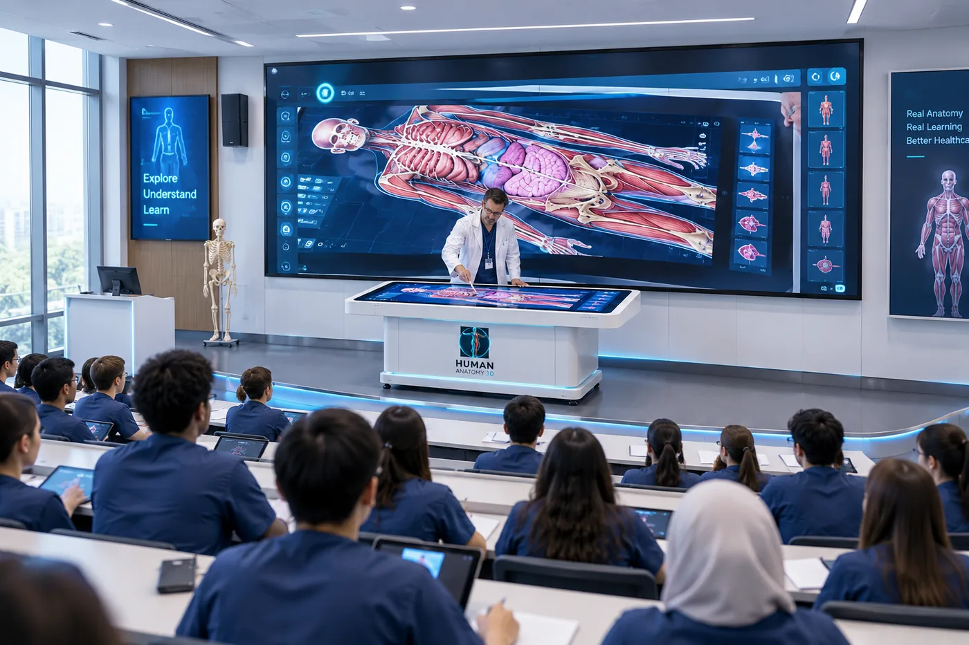 Lecture hall with the table view mirrored to a big screen
